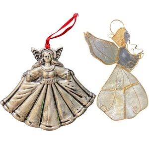 Vintage hanging angels ornaments silver plated metal one and abalone one.  #6